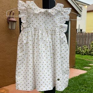 White Polka Dot Ruffle Shoulder Dress for Girls - Gold Dot Detail